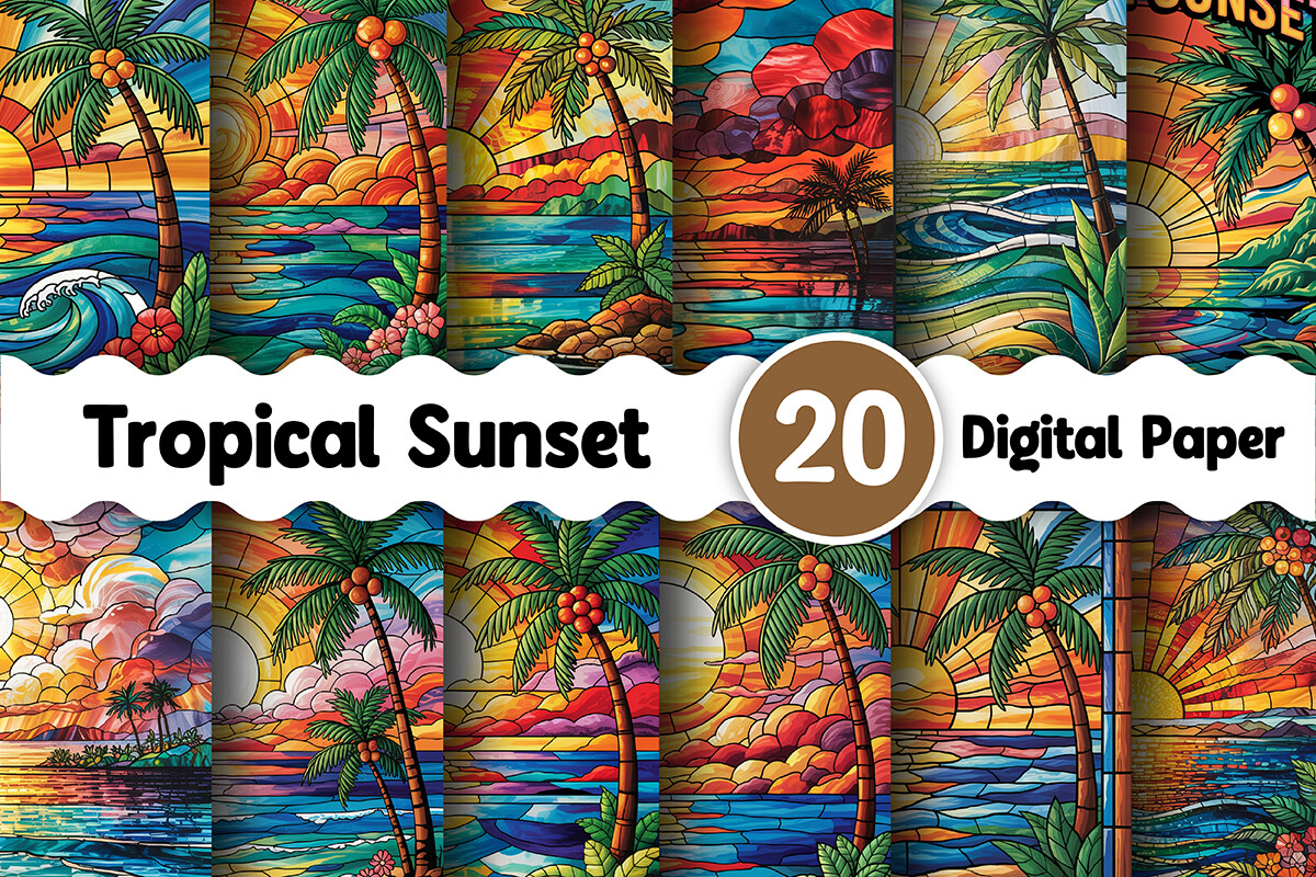 Tropical Sunset Stained Glass Papers Graphic by MK_Design Store ...