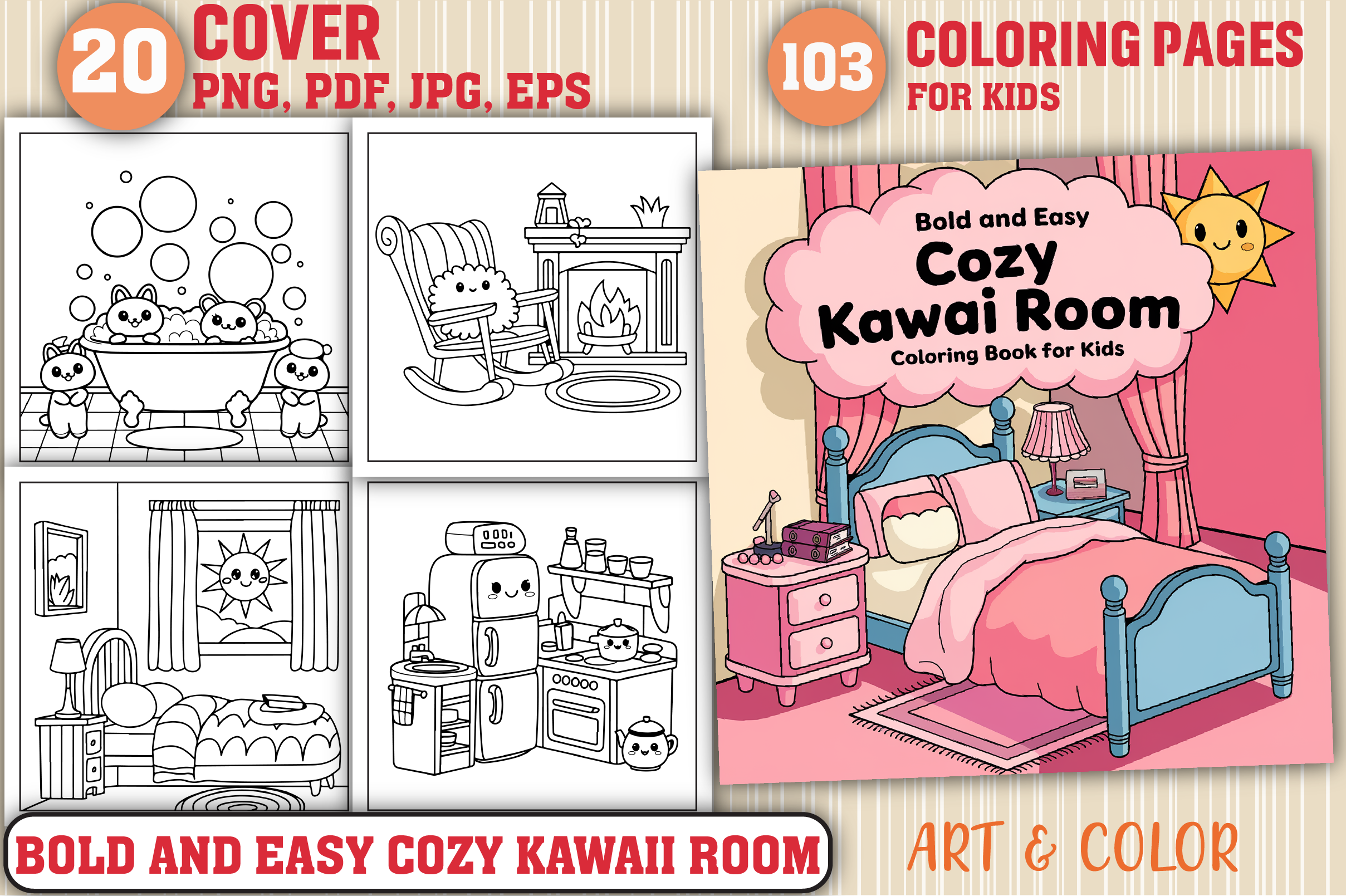 Bold Easy Cozy Kawaii Room Color Pages