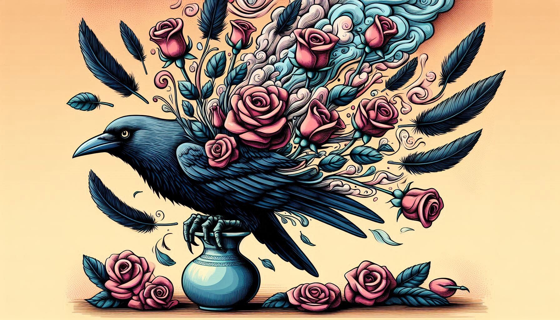 Surrealism Crow on a Vase, Roses Turning