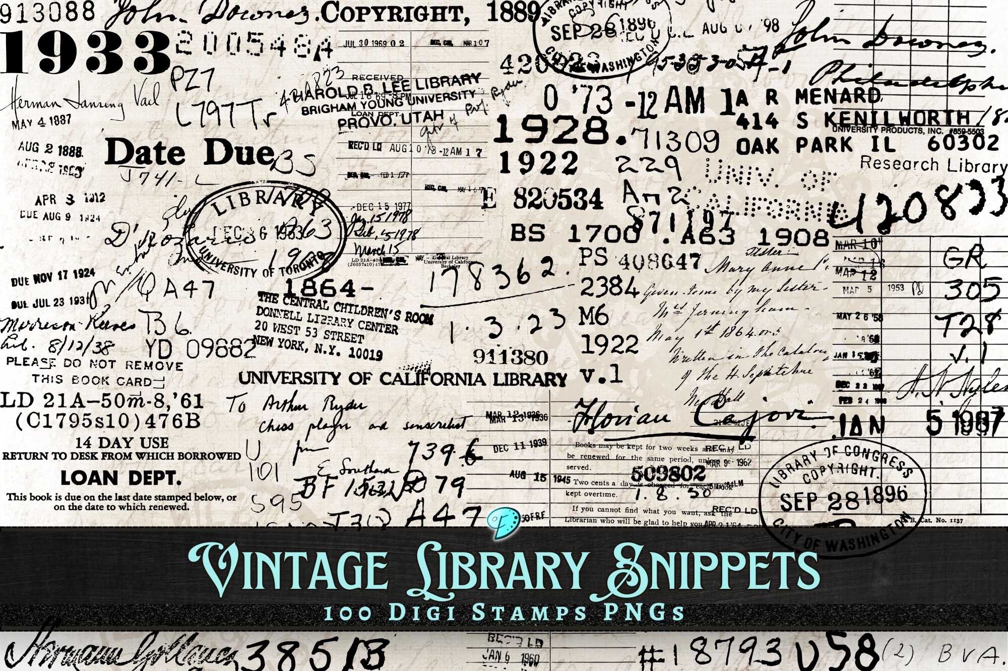 Vintage Library Snippets Digi Stamps PNG