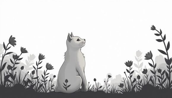 Realistic White Cat Sitting Amidst Flowe