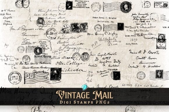 Vintage Mail Digi Stamps Transparent PNG Grafika Elementy dekoracyjne Przez Emily Designs