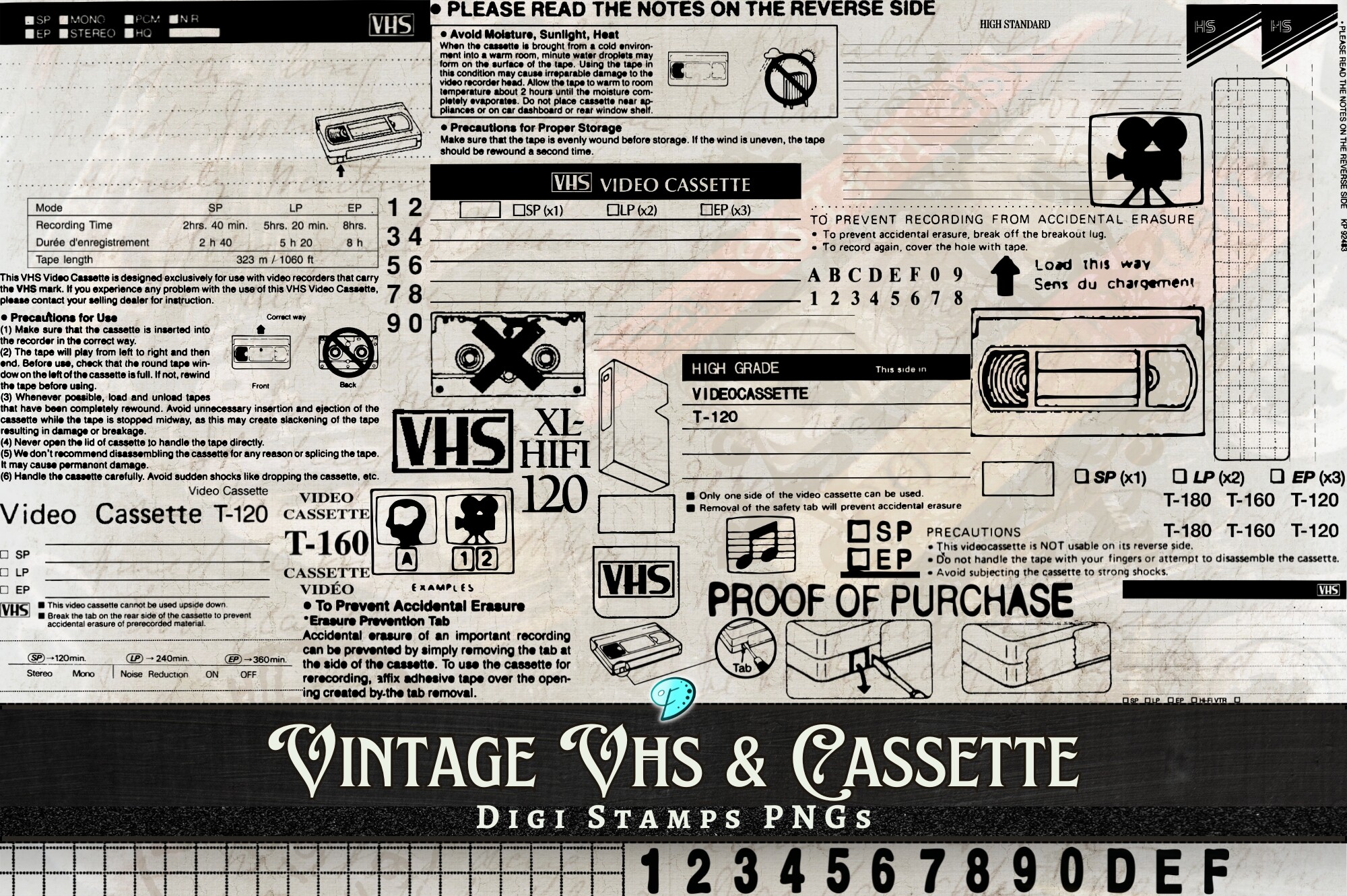 Vintage VHS and Cassette Digi Stamps PNG