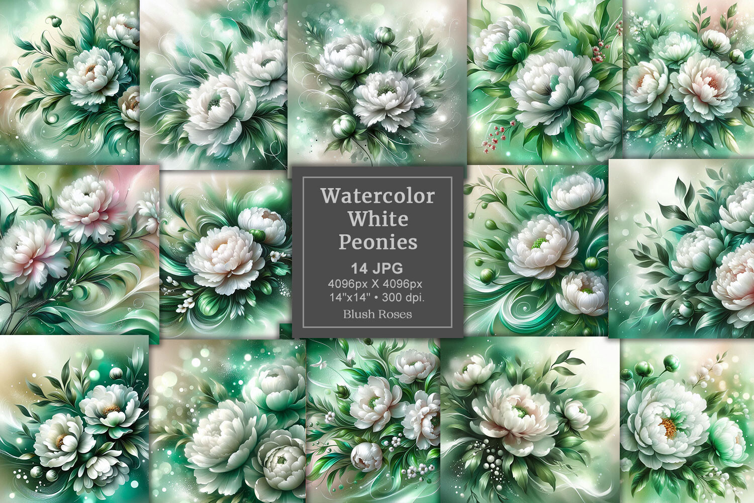 Watercolor White Peonies Digital Paper Graphic by Blush Roses ...
