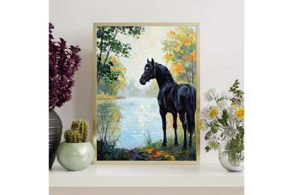 Black Horse by Lake Printable Wall Art