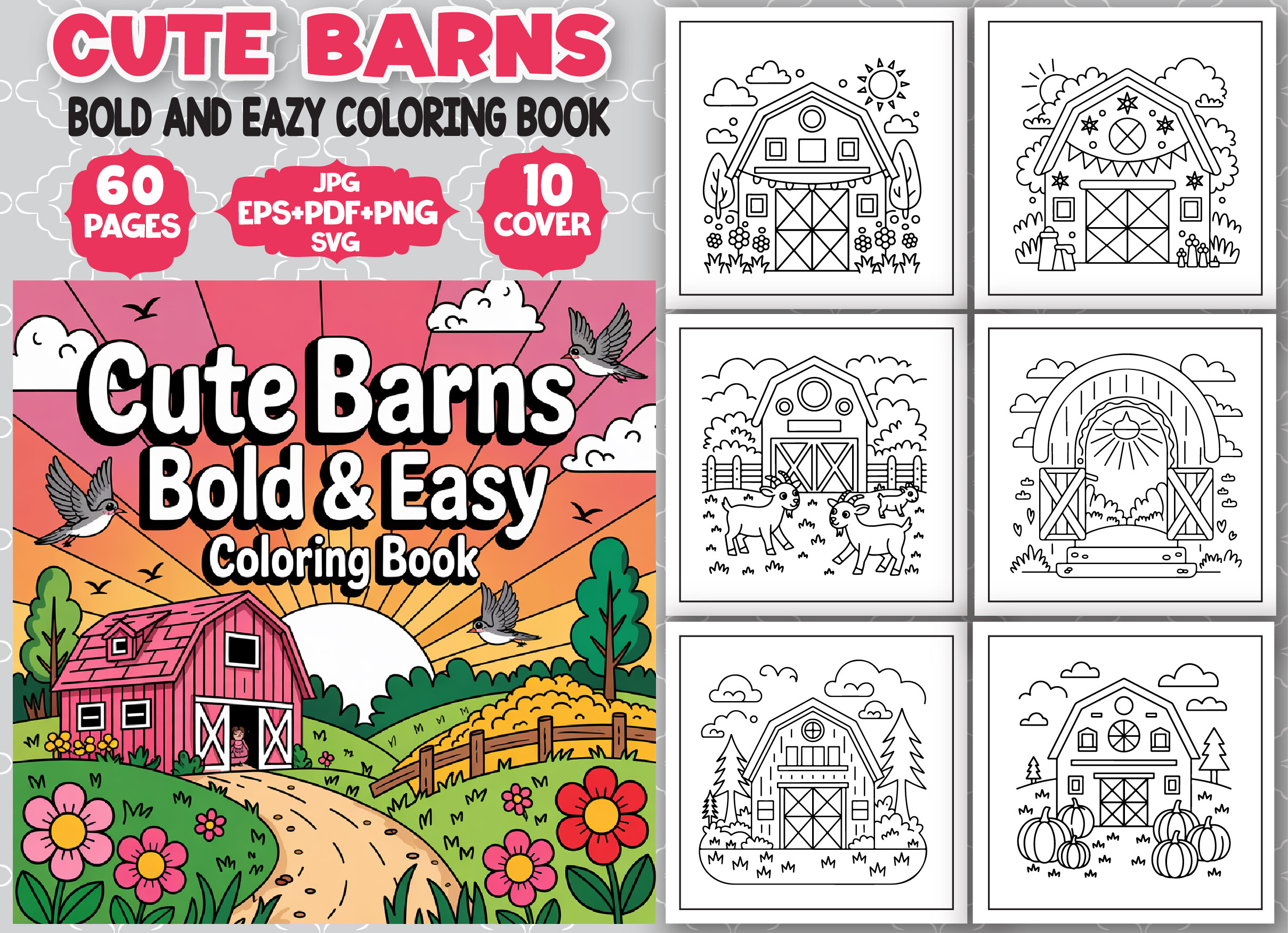 Cute Barns Bold and Easy Coloring Book