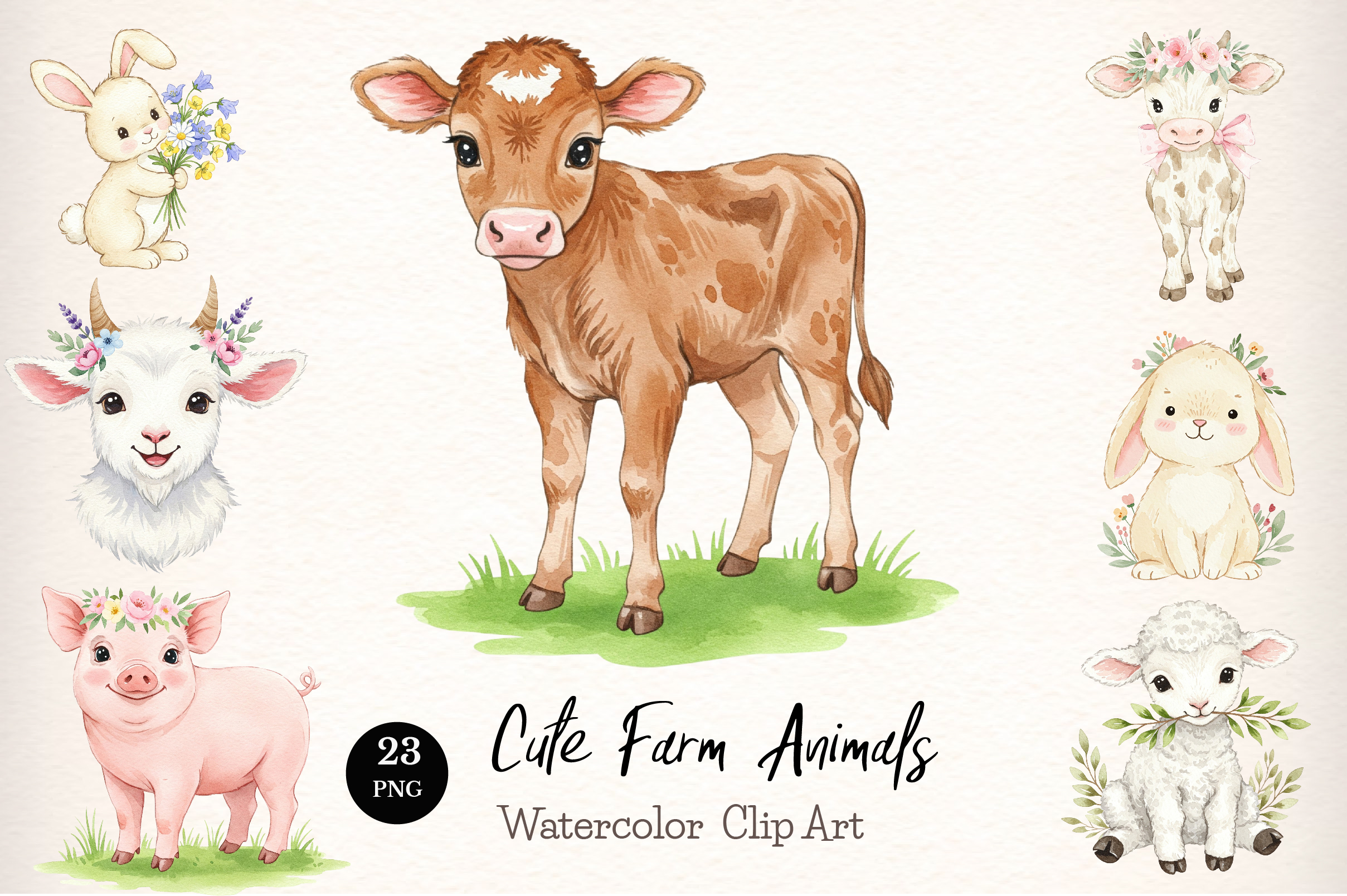 Cute Farm Animals Clipart PNG Graphic by WatercolorArt · Creative Fabrica