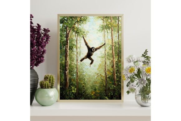 Printable Gibbon Jungle Oil Painting Art