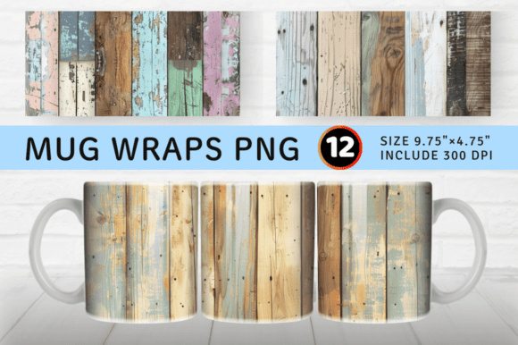 Shabby Wood Mug Wrap Sublimation Design Graphics