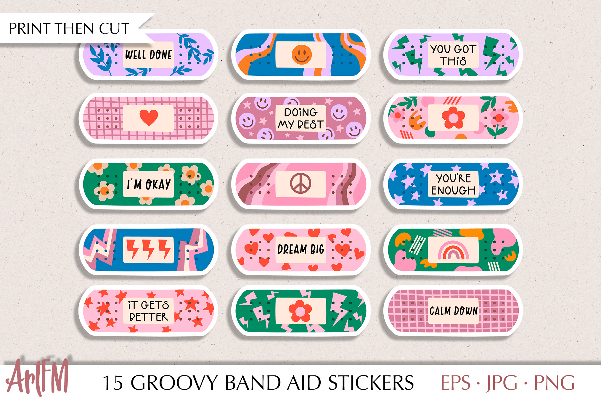 Groovy Motivation Band Aid Sticker Pack Graphic by ArtFM · Creative Fabrica