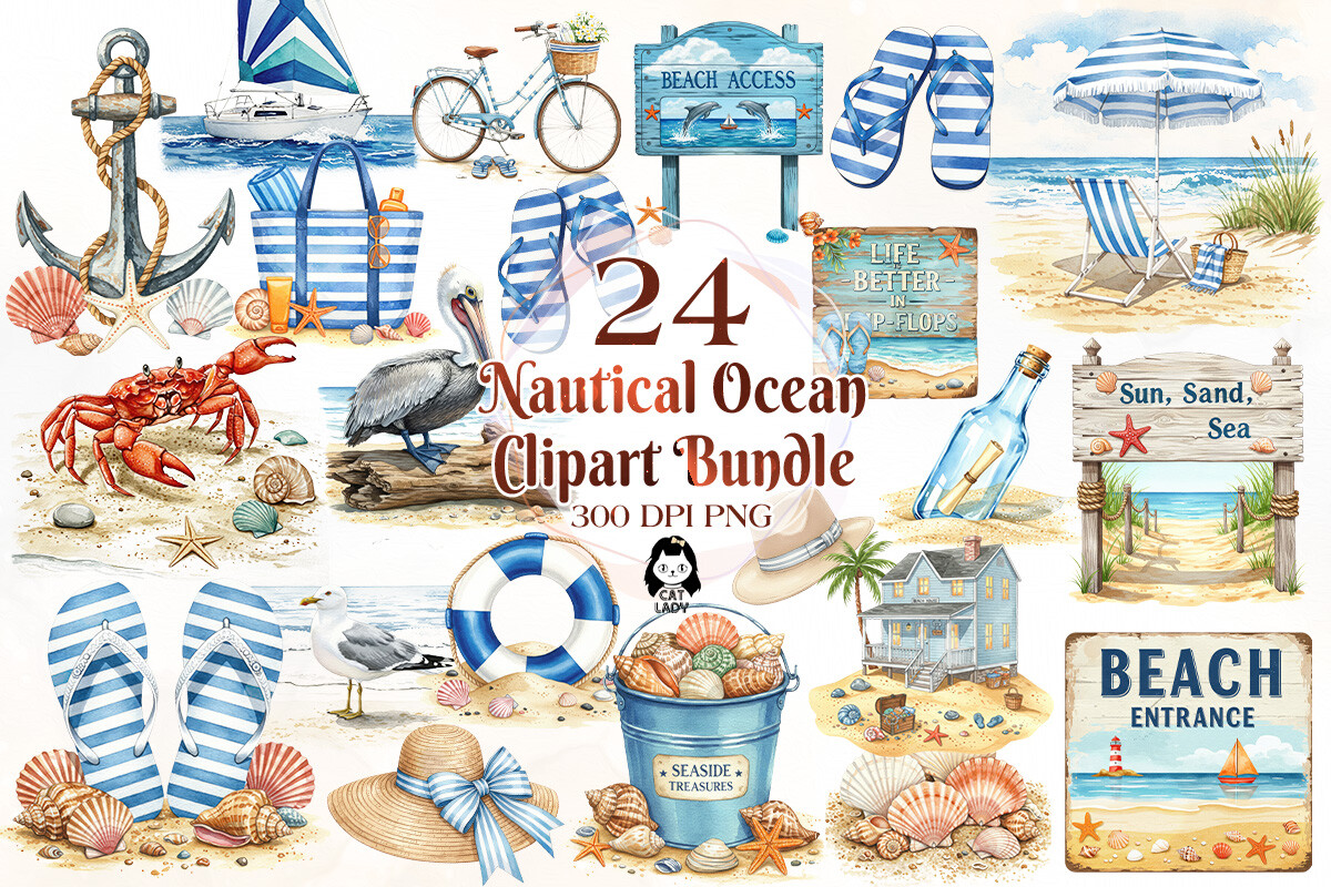 Nautical Ocean Watercolor Clipart Bundle - photo 1