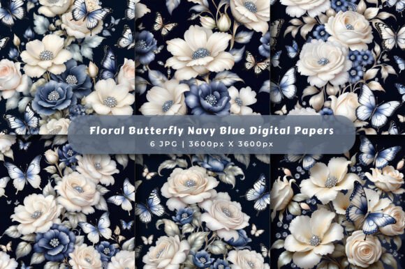 Swanland Navy Blue Floral Digital Papers