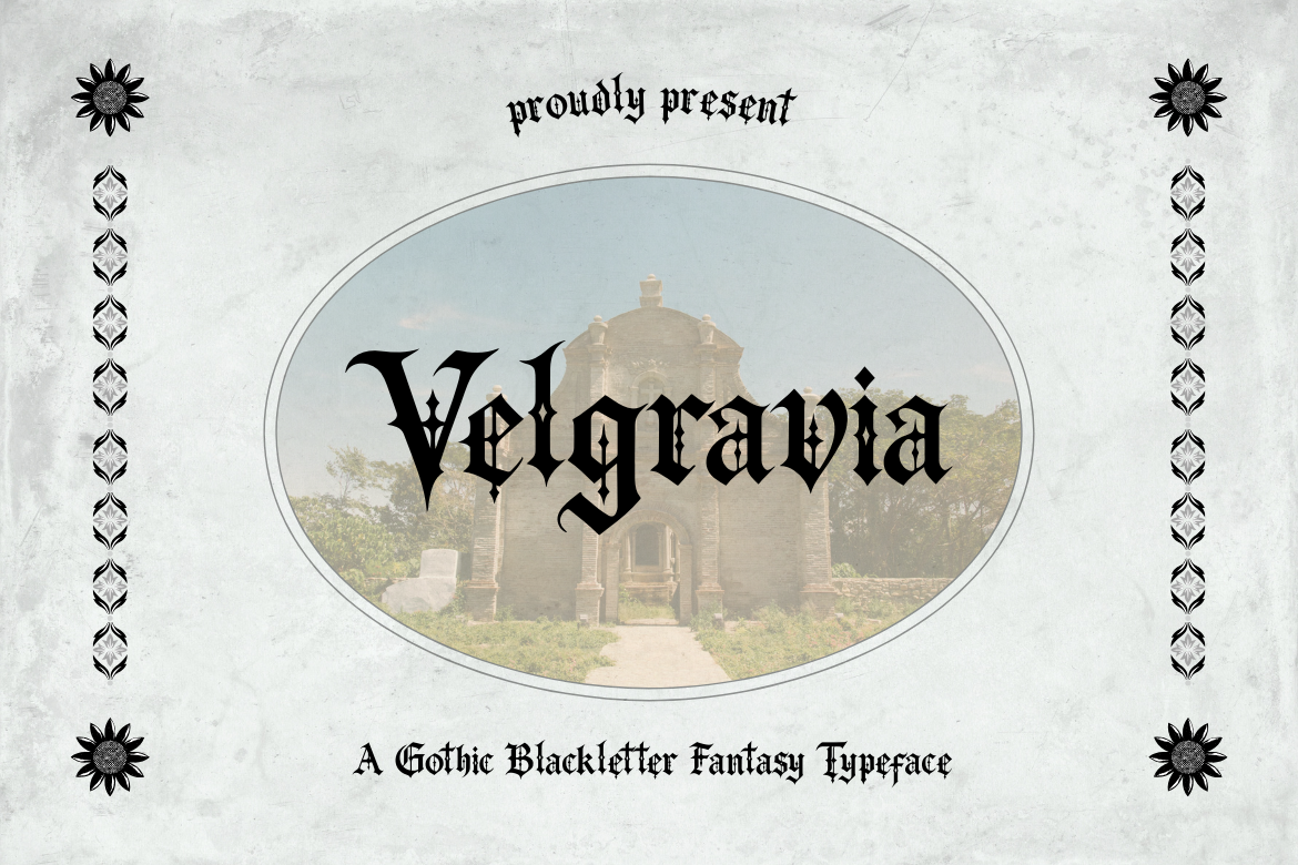Velgravia font preview, elegant dark gothic display typeface