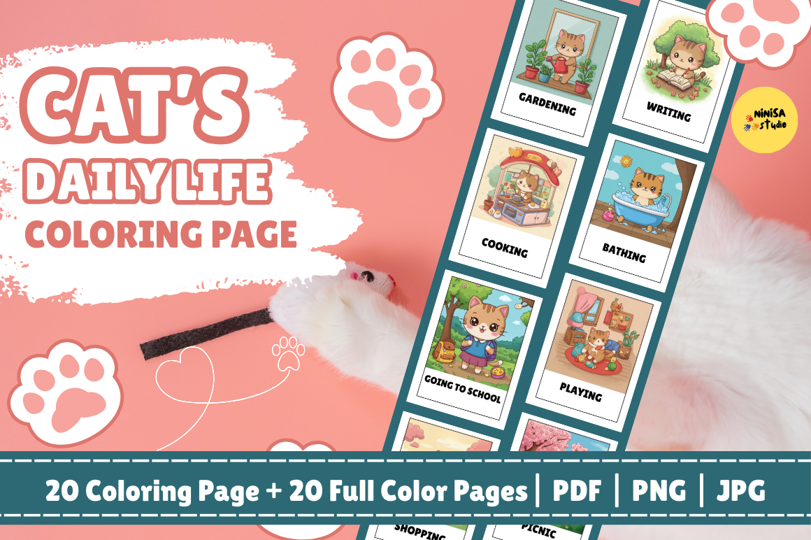 CAT'S DAILY LIFE COLORING PAGES Graphic by annisakindi · Creative Fabrica