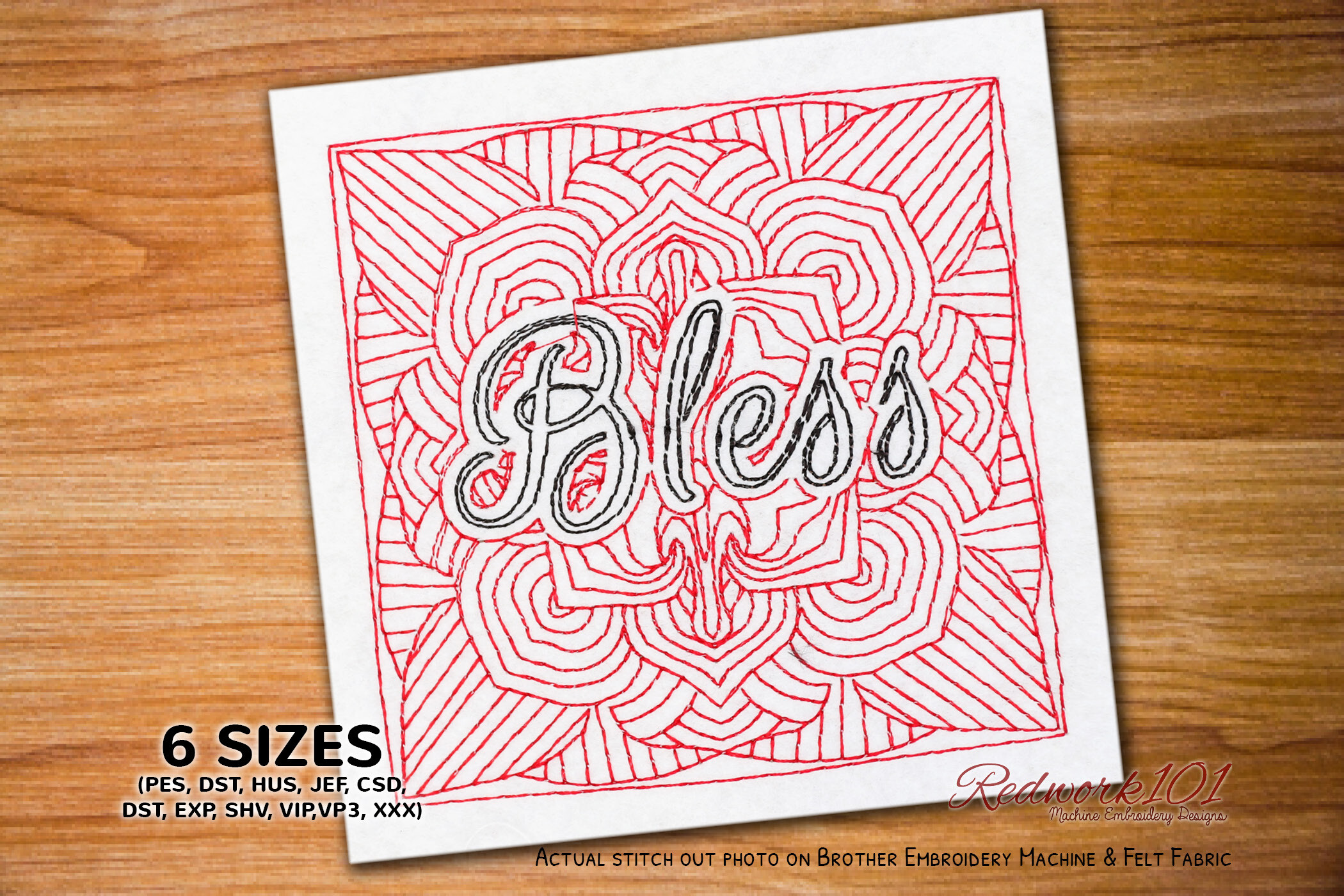 Bless Word Redwork Embroidery