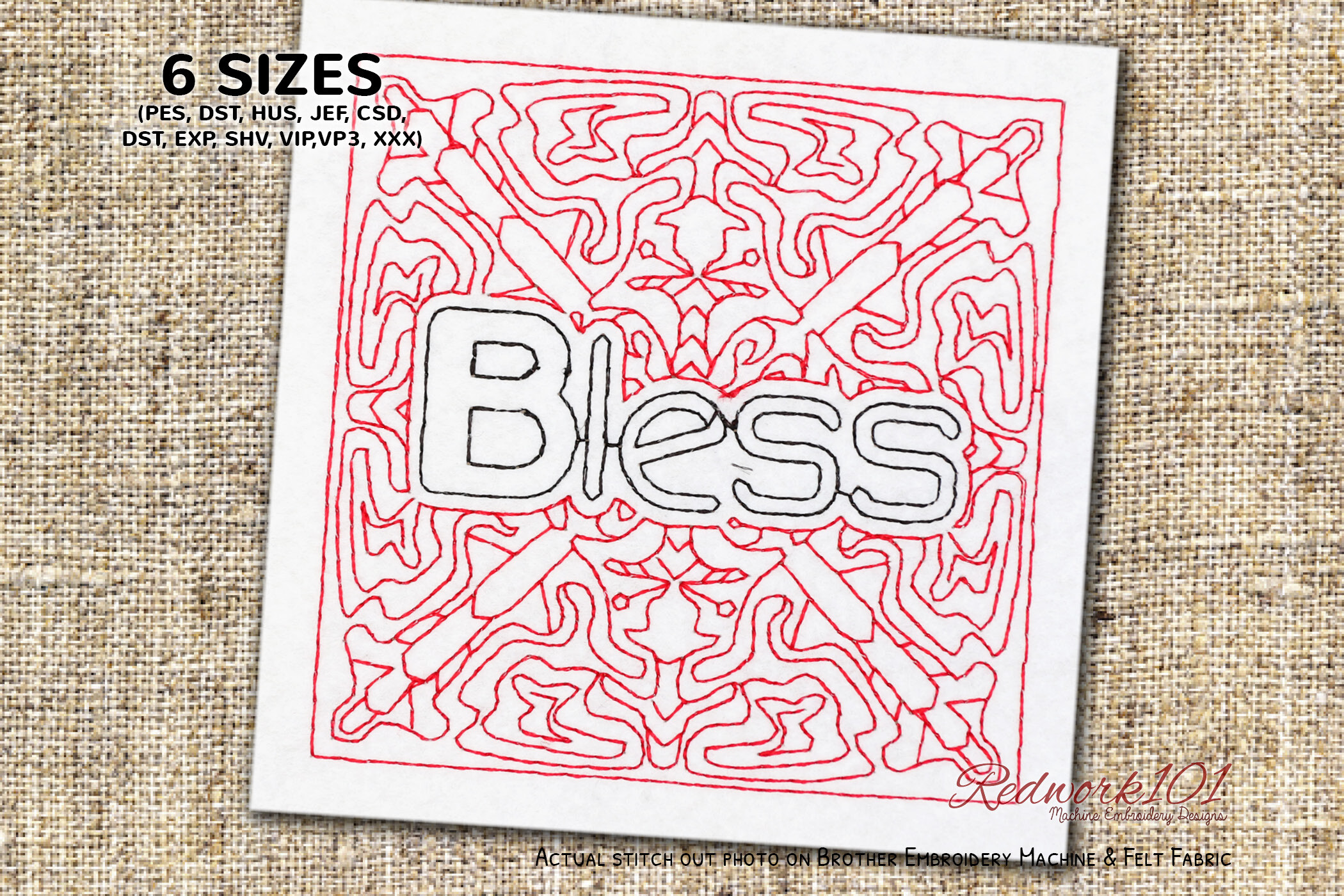 Bless Word Redwork Embroidery