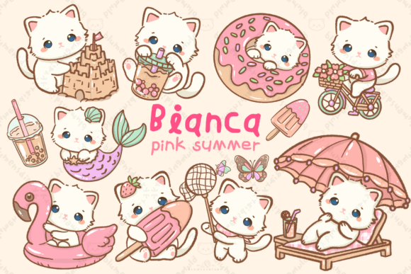 kawaii white cat pink summer clipart with cute character design, pastel aesthetic png graphics