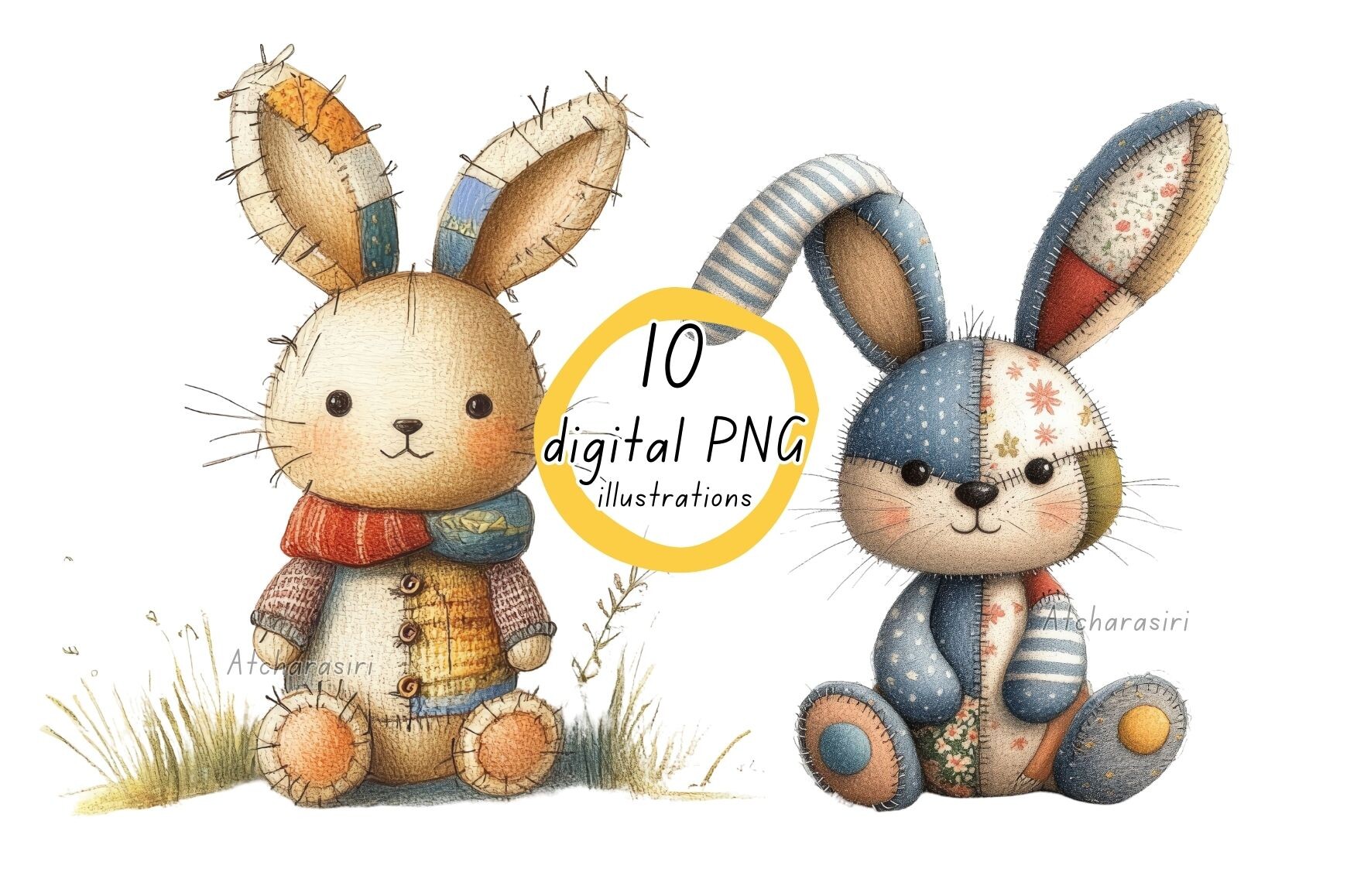 Patchwork Rabbit Oc Patchwork Bunny Plush Clipart Set Graphic by Atcharasiri Whimsy Colors ...