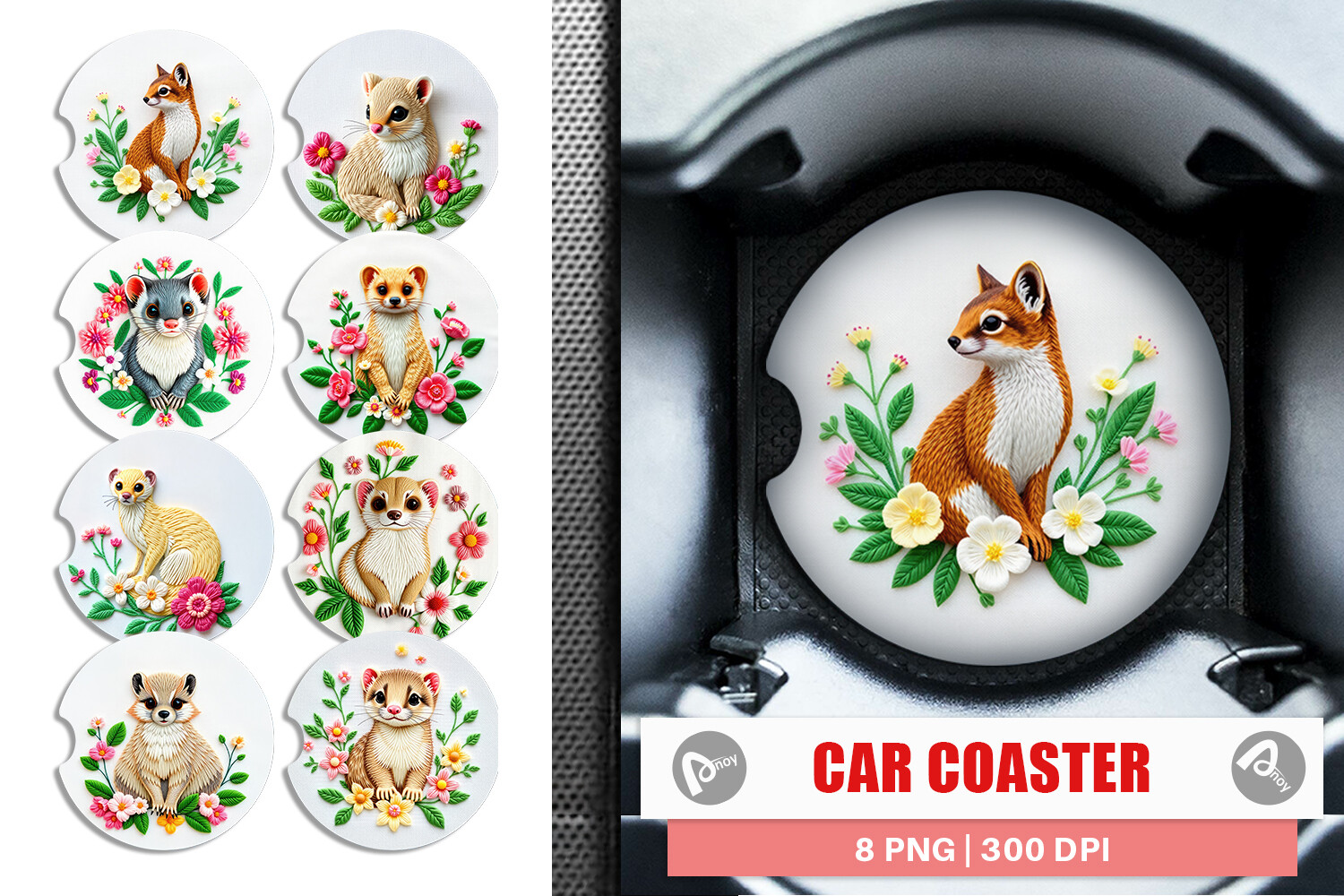 Car Coaster Weasel Embroidery Graphic by Artnoy · Creative Fabrica