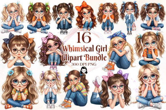 Quirky Cute Little Girl Clipart Bundle Graphic by Cat Lady · Creative ...