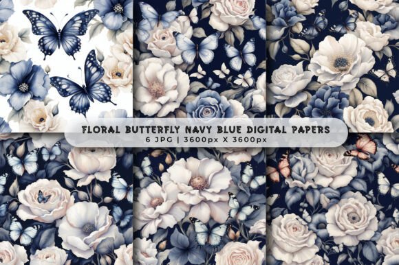 Swanland Navy Blue Floral Digital Papers