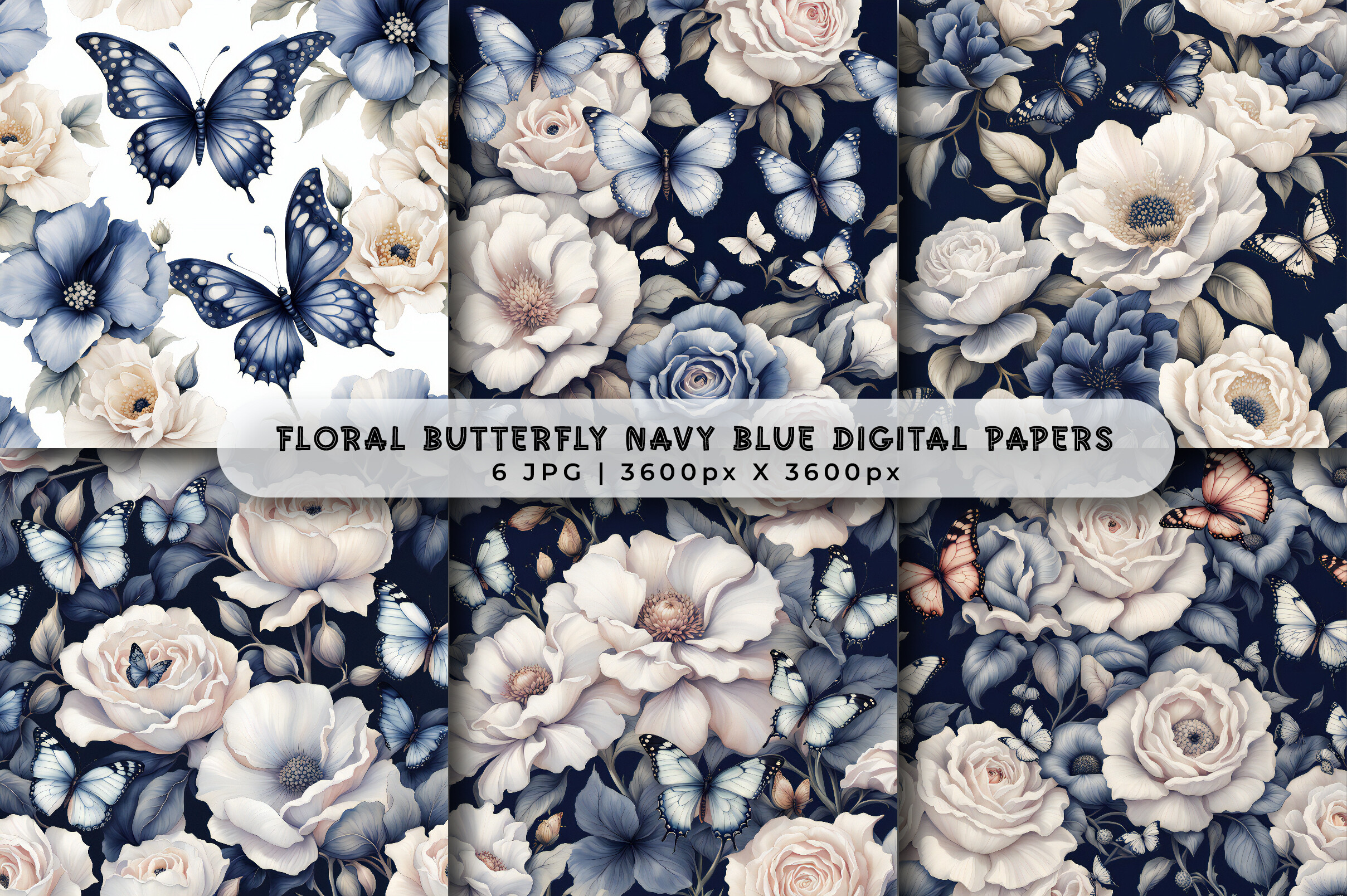 Swanland Navy Blue Floral Digital Papers