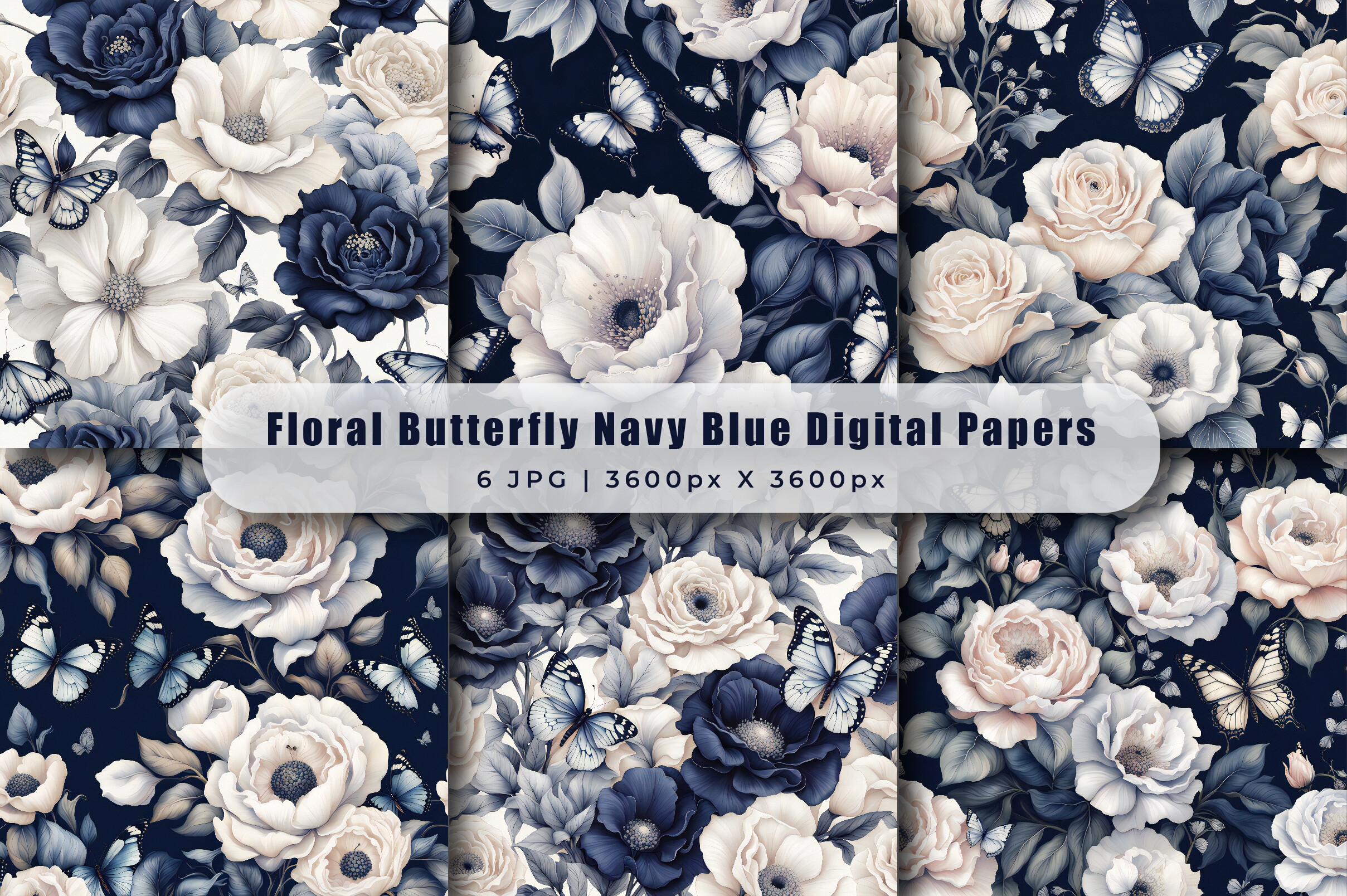 Swanland Navy Blue Floral Digital Papers