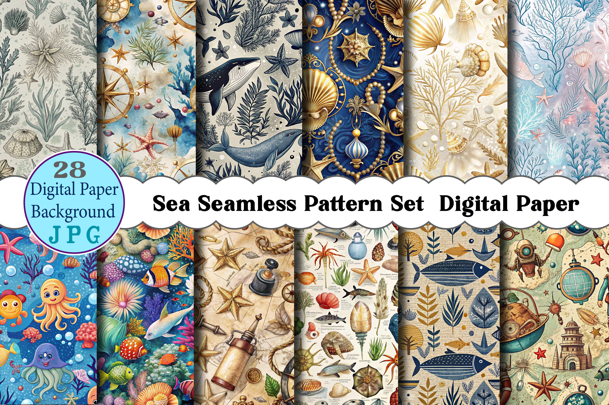 Sea Seamless Pattern Set Digital Paper Graphic by Vintage · Creative ...