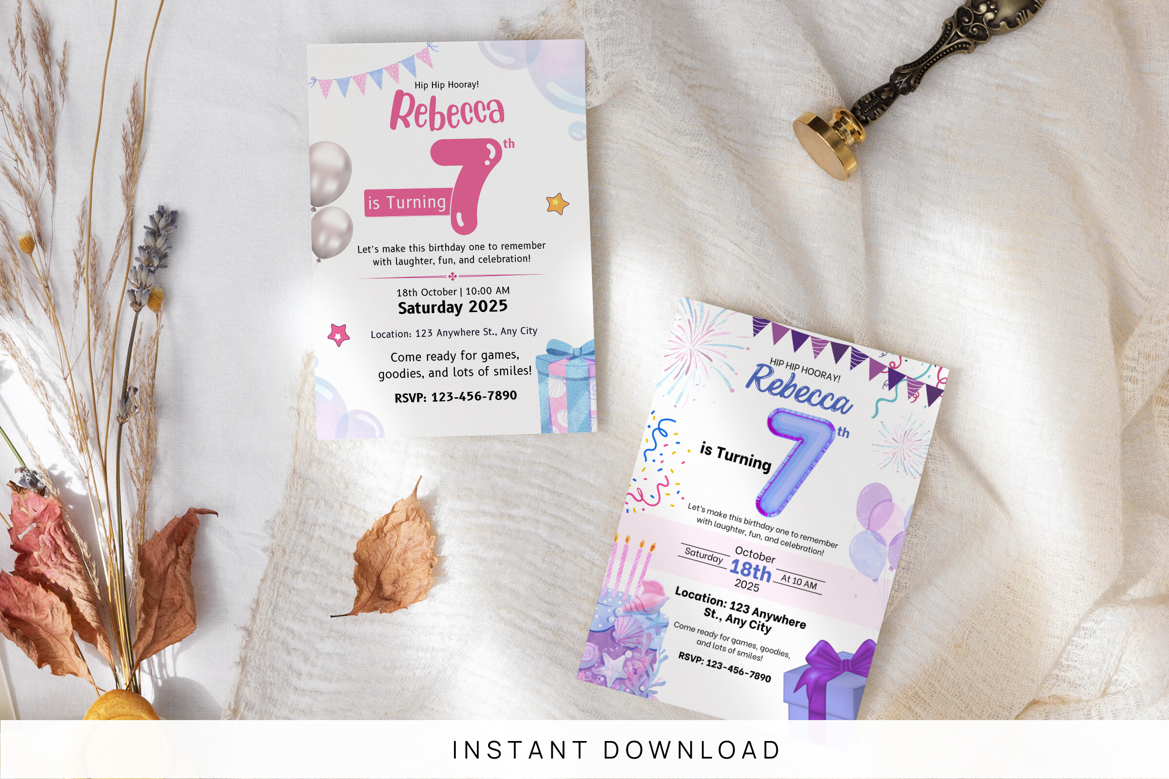 7th Birthday Invitation Canva Template