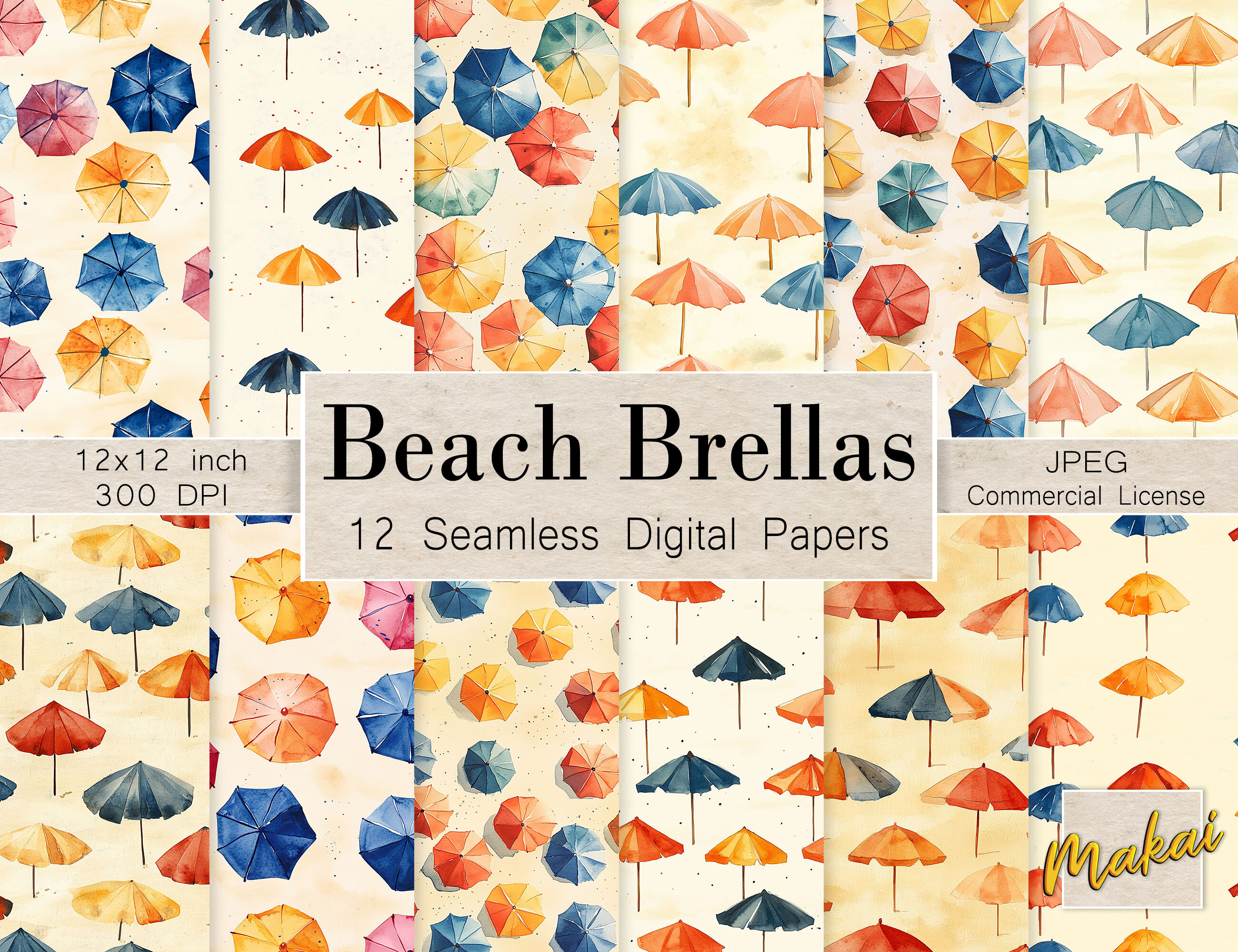 12 Seamless Watercolor Summer Beach Graphic by Makai Digital Studios ...