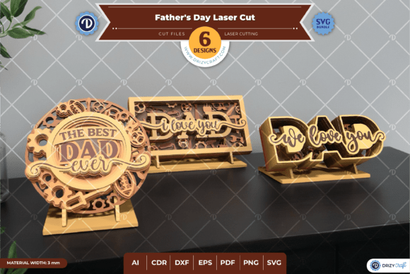 Father's Day Set of 6 - Wood Laser Cut Laser Cutting By Drizy Studio