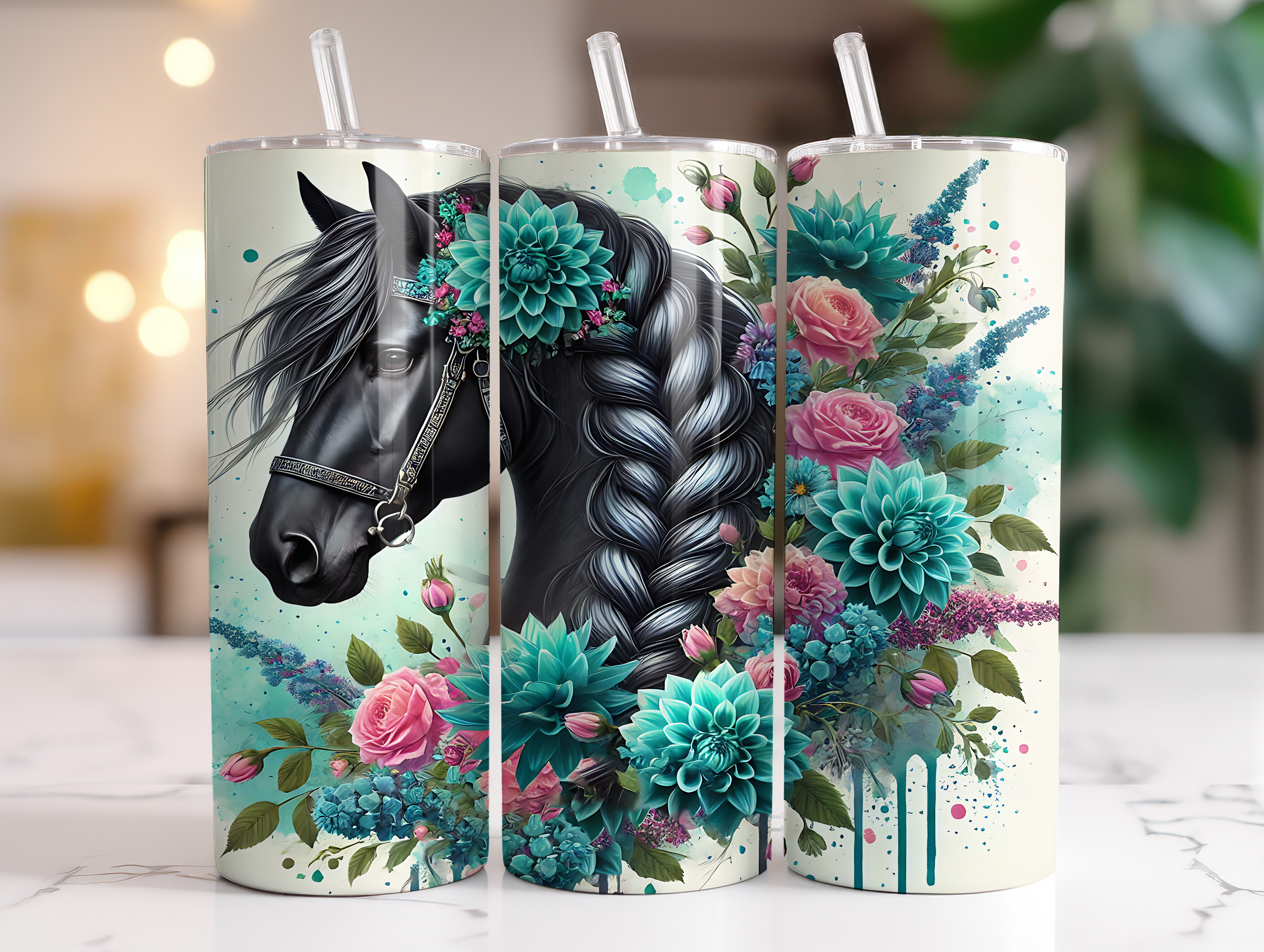 20oz Floral Black Horse Tumbler Wrap Graphic by RahatKDP · Creative Fabrica