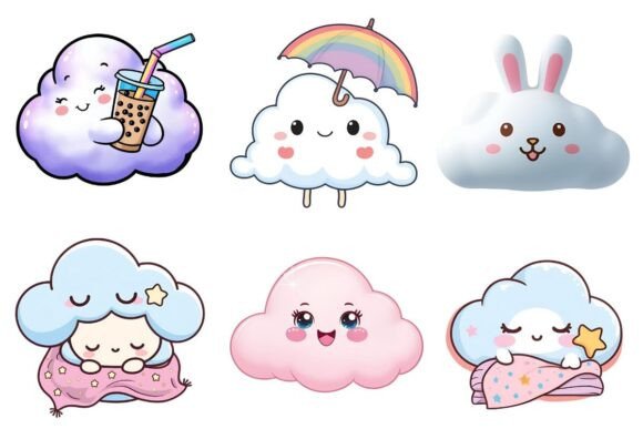 Cute Kawaii Clouds Clipart PNG Graphic by Doodle Bloom Designs ...