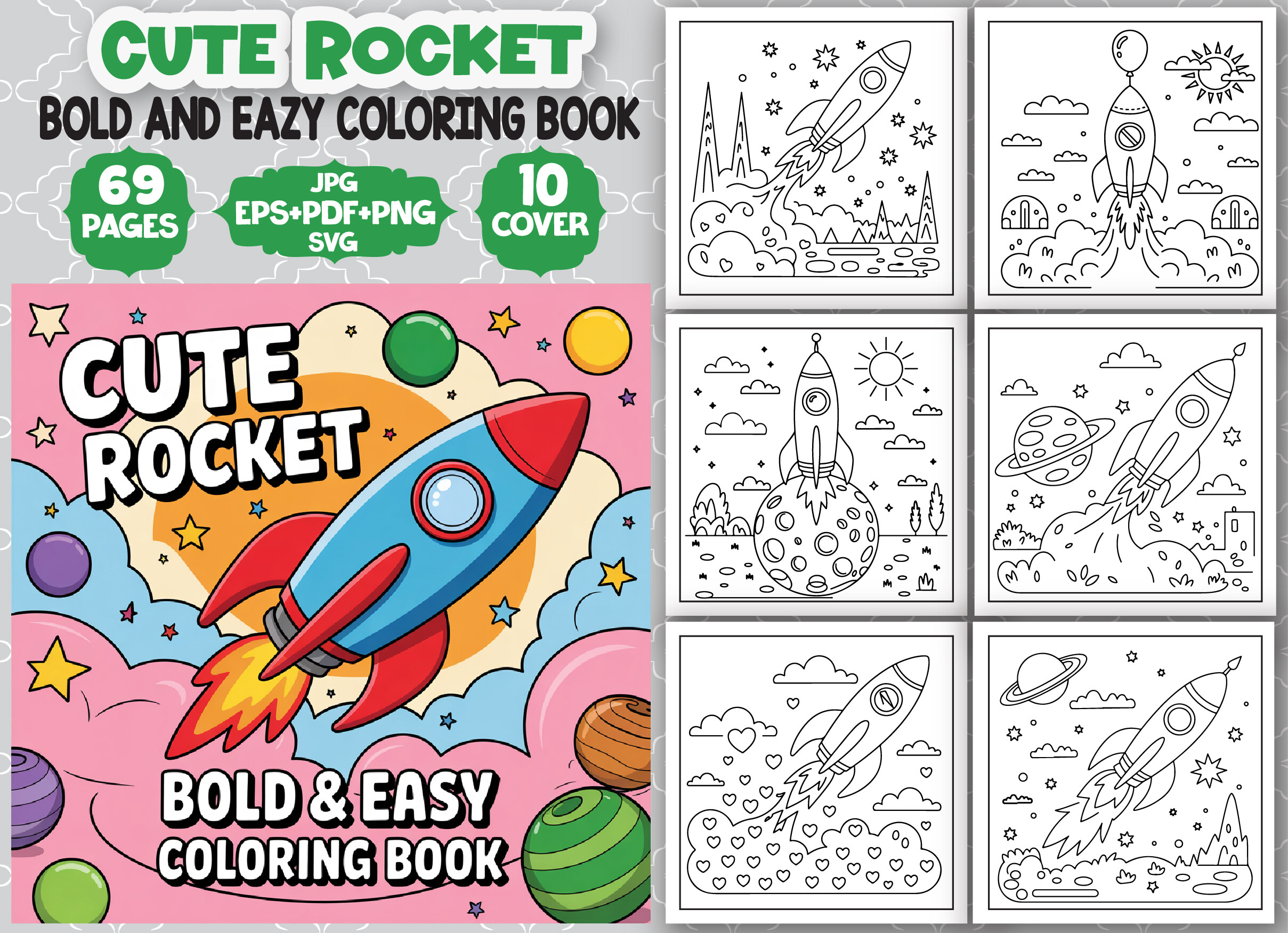 Cute Rocket Bold and Easy Coloring Book