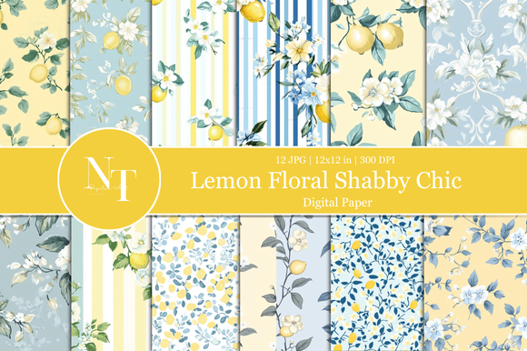Lemon Floral Shabby Chic Digital Paper Graphic by Nam Tiwa · Creative ...