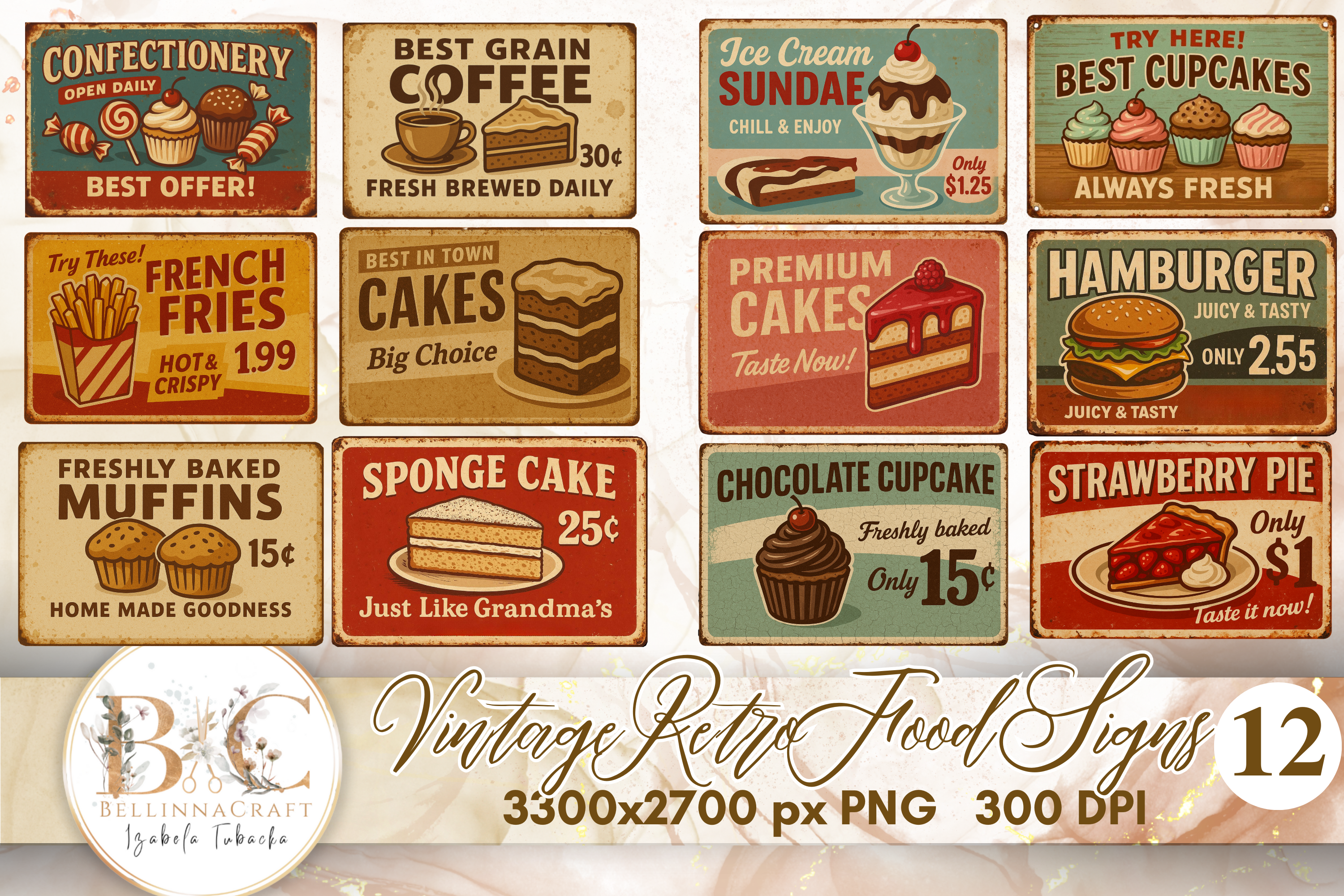 Vintage Retro Food Signs Clipart Bundle