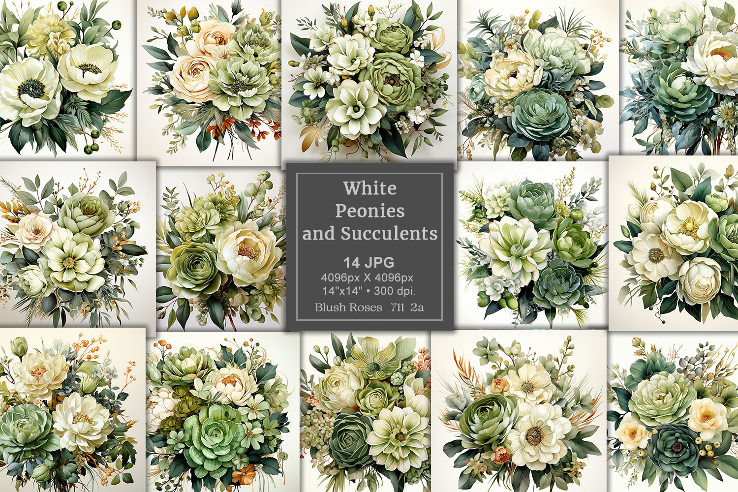White Peonies & Succulents Digital Paper Graphic by Blush Roses ...