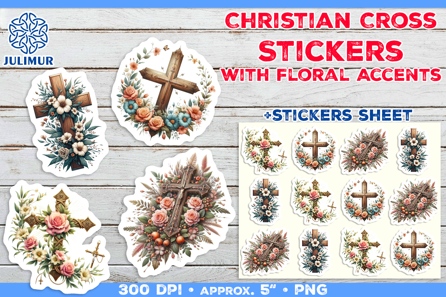 Christian Cross Stickers with Flower Graphic by julimur · Creative Fabrica