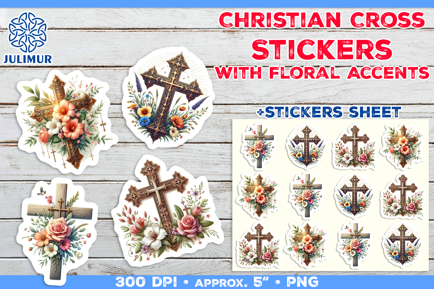 Christian Cross Stickers with Flower Graphic by julimur · Creative Fabrica
