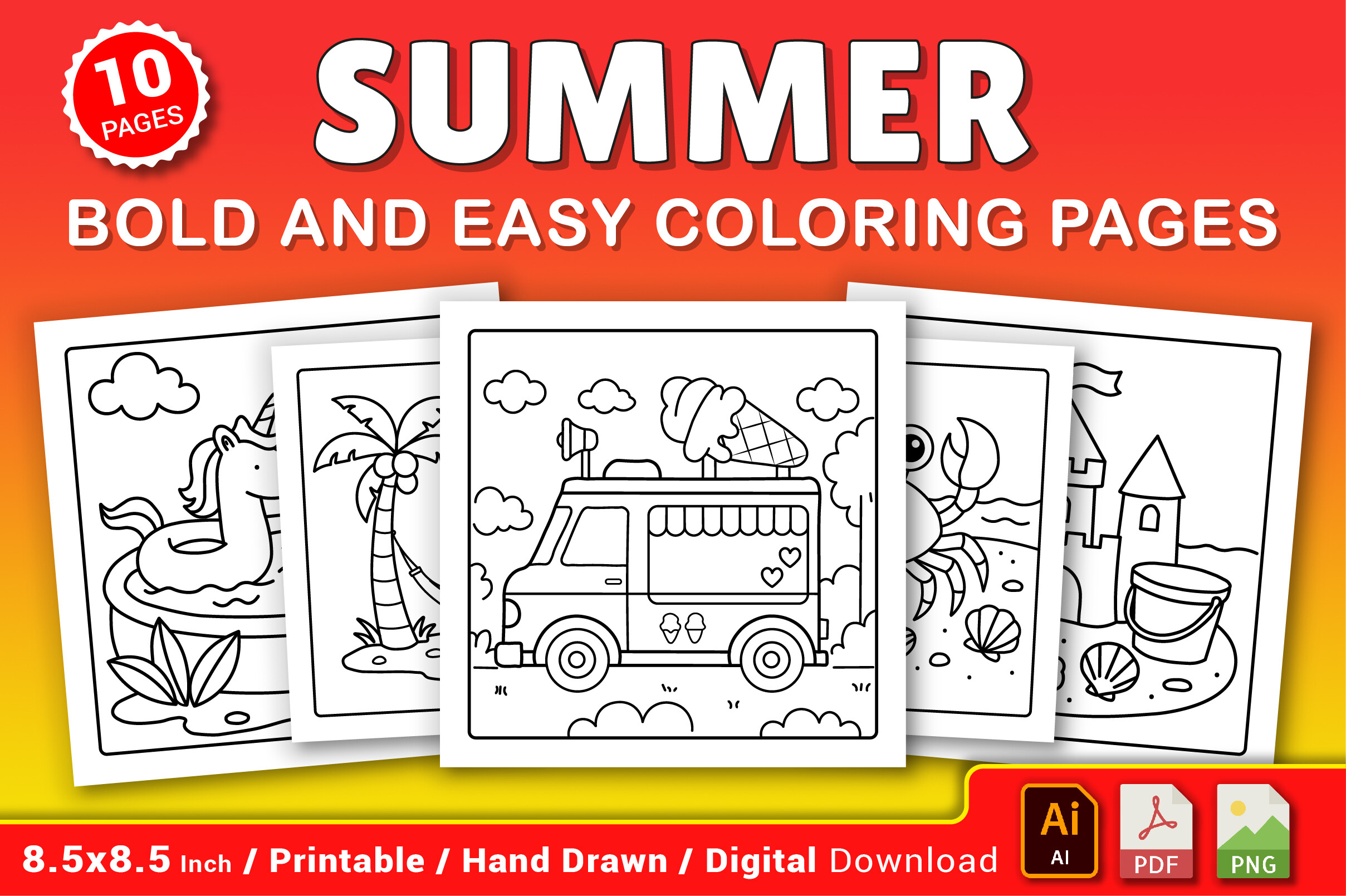 Summer Bold and Easy Coloring Pages