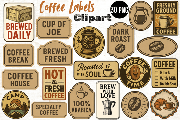 Vintage Coffee Labels Clipart, Ephemera