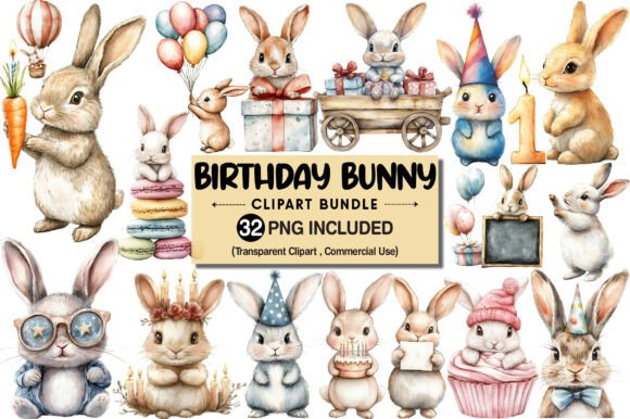 Birthday Bunny Clipart Bundle Graphic by Pixels.Craft · Creative Fabrica