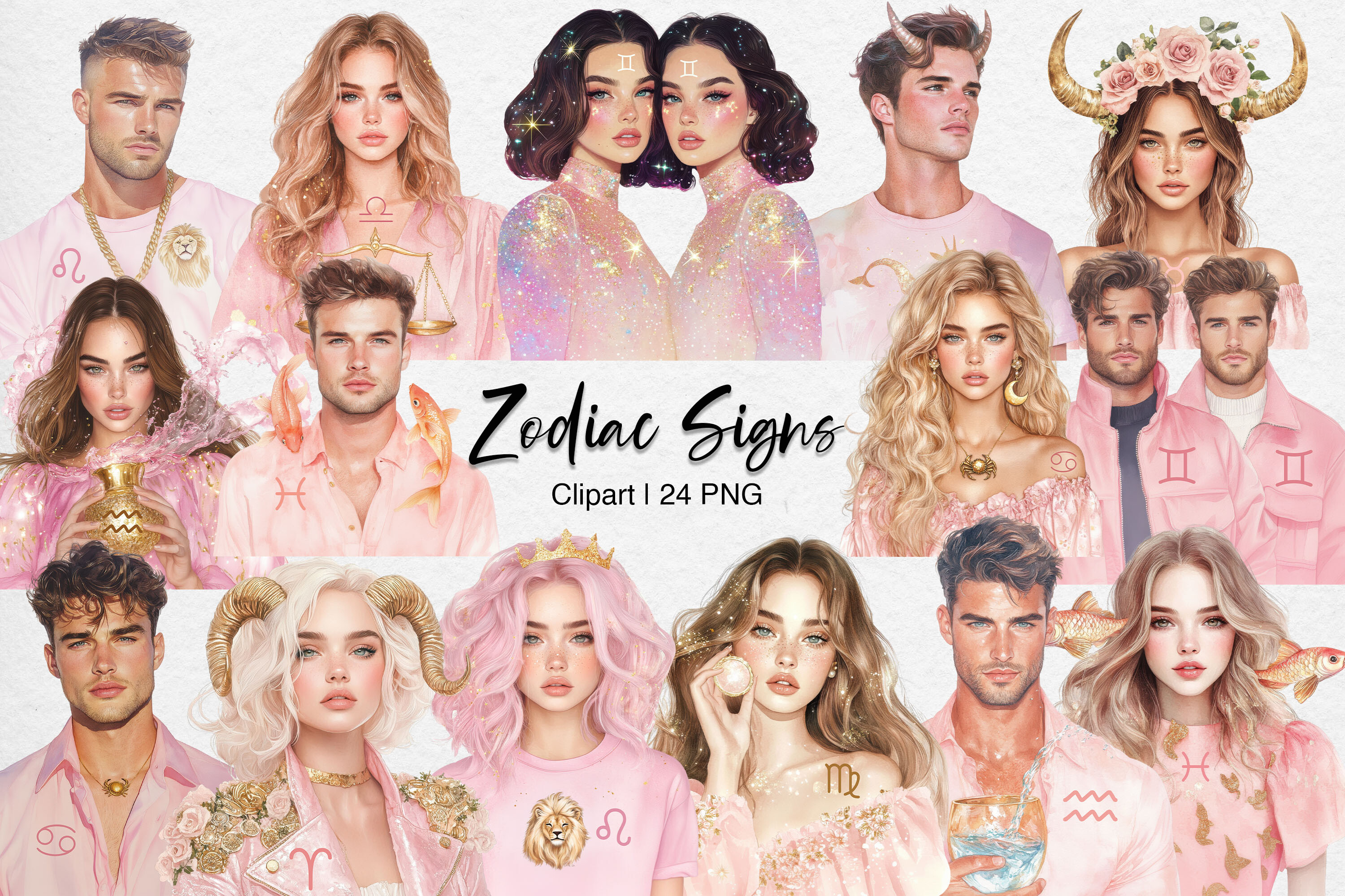 Pink Zodiac Signs Clipart Female & Male