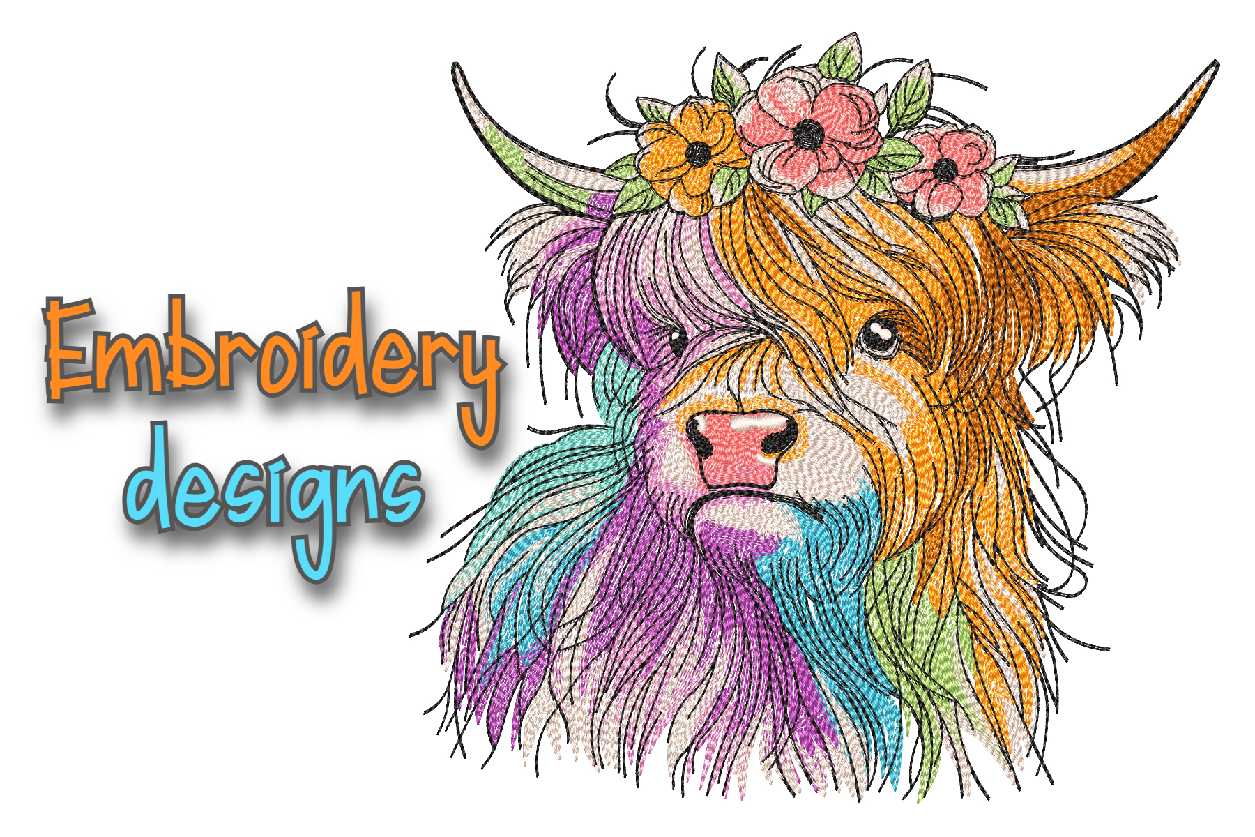 Scottish Highland Cow Embroidery Design