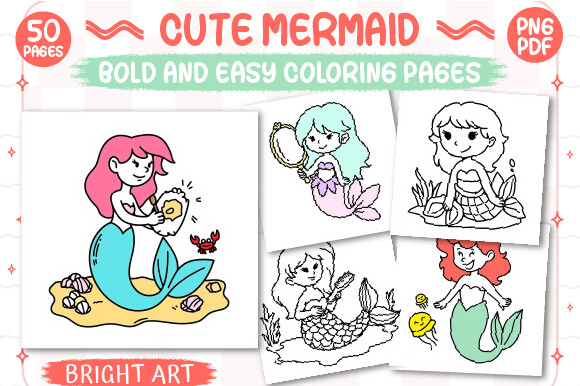 Bold and Easy Cute Mermaid Coloring Book Graphic by Bright Art ...