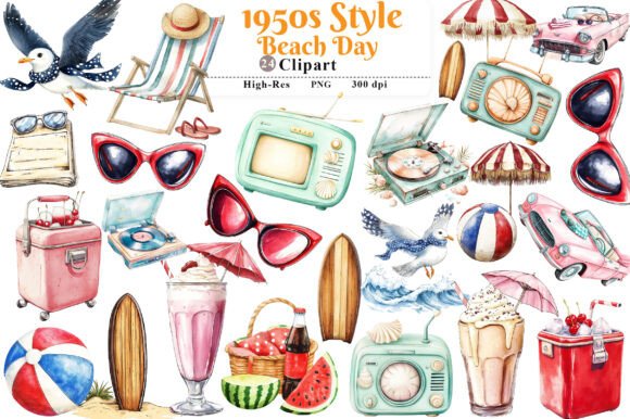 1950s Style Beach Day Clipart Graphic by watercolor Design · Creative ...