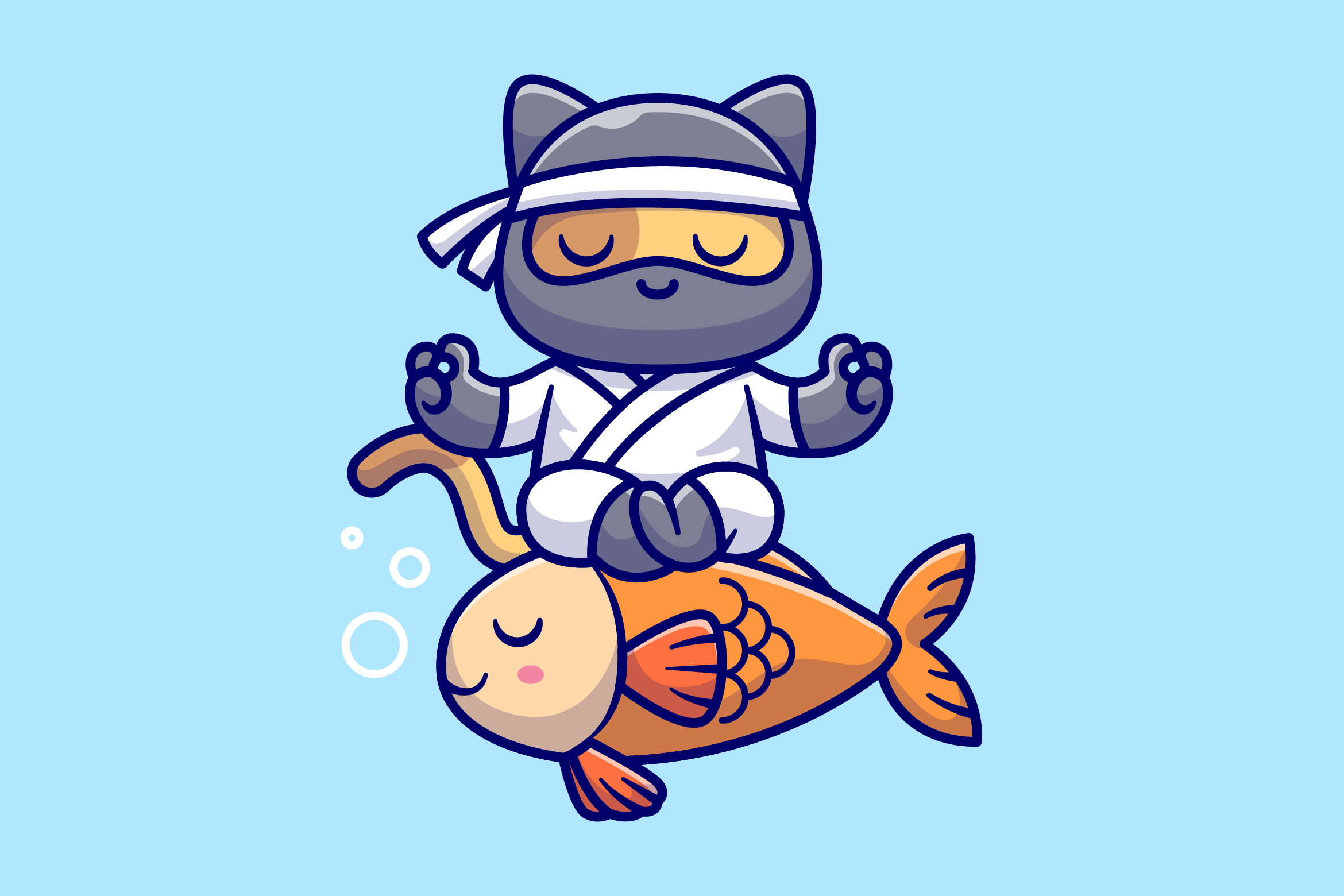 Cute Cat Ninja Meditation Yoga on Fish Graphic by catalyststuff ...
