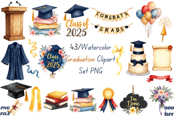 Watercolor Graduation Clipart Set PNG