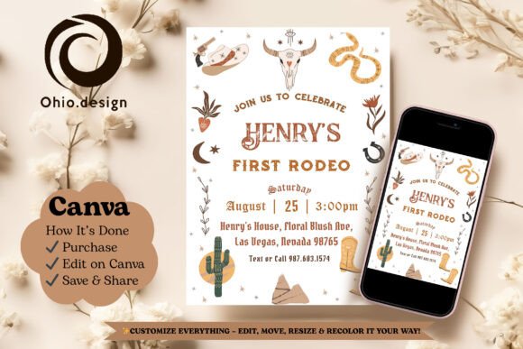 Western Cowboy 1st Birthday Invite Canva