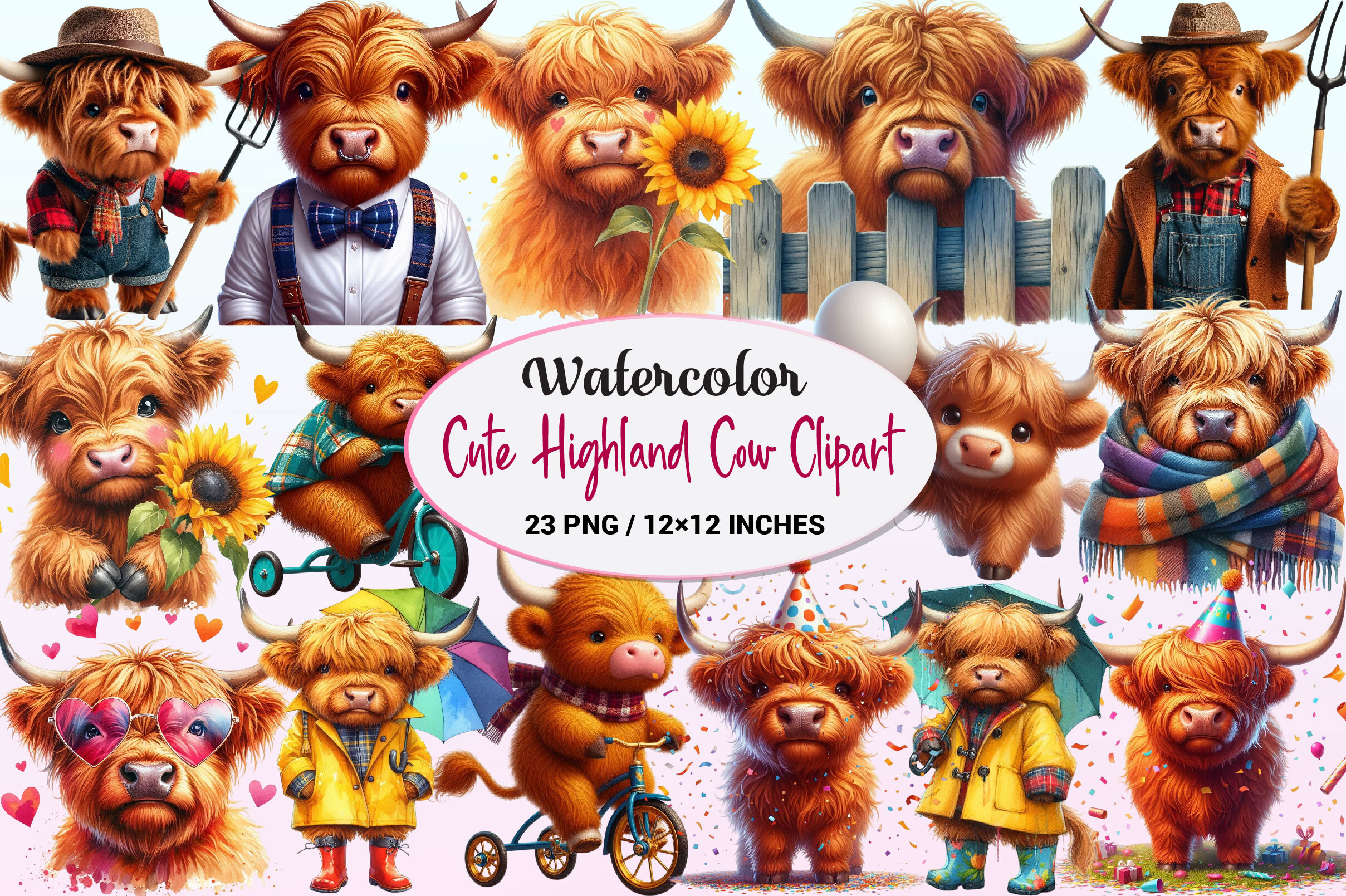Cute Highland Cow Clipart Bundle PNG. Graphic by CitraGraphics ...